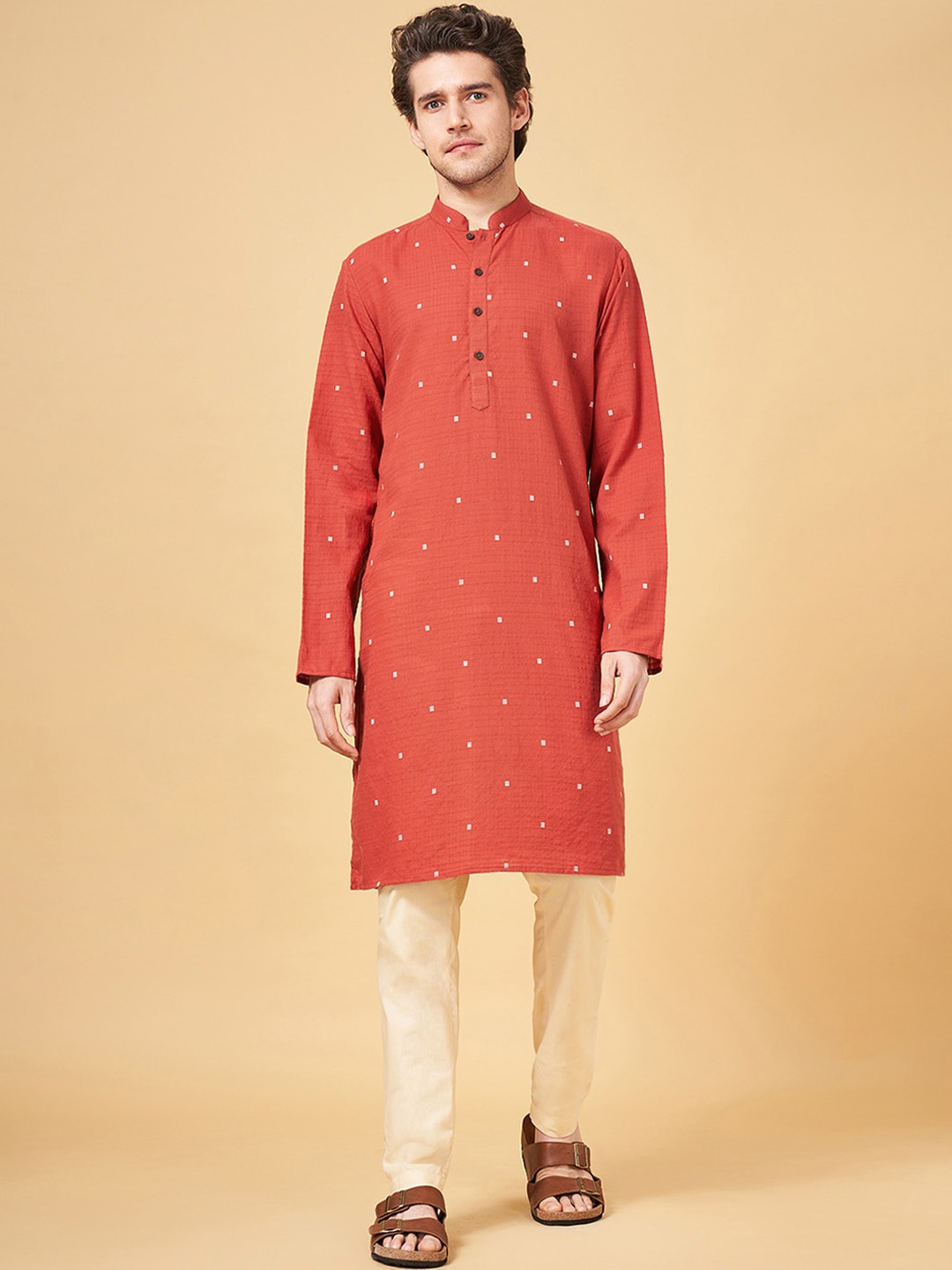 

indus route by Pantaloons Geometric Woven Design Pure Cotton Kurta, Red