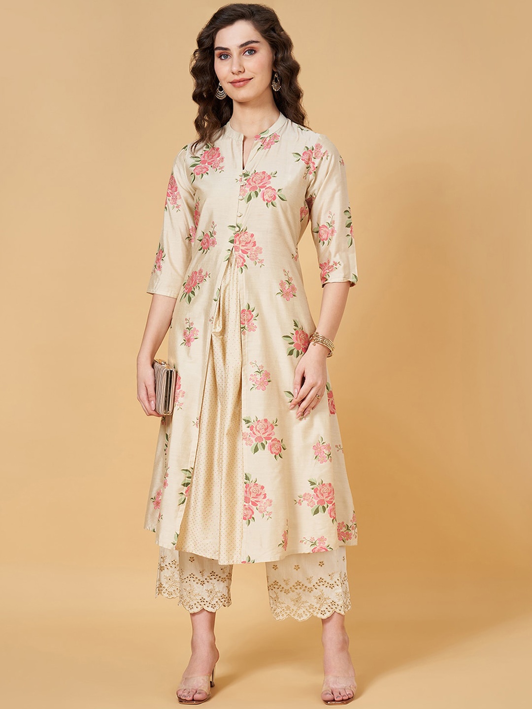 

RANGMANCH BY PANTALOONS Floral Printed Mandarin Collar A-Line Kurta, Off white