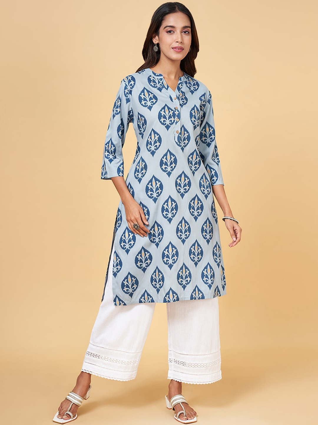 

RANGMANCH BY PANTALOONS Geometric Printed Mandarin Collar Straight Kurta, Grey