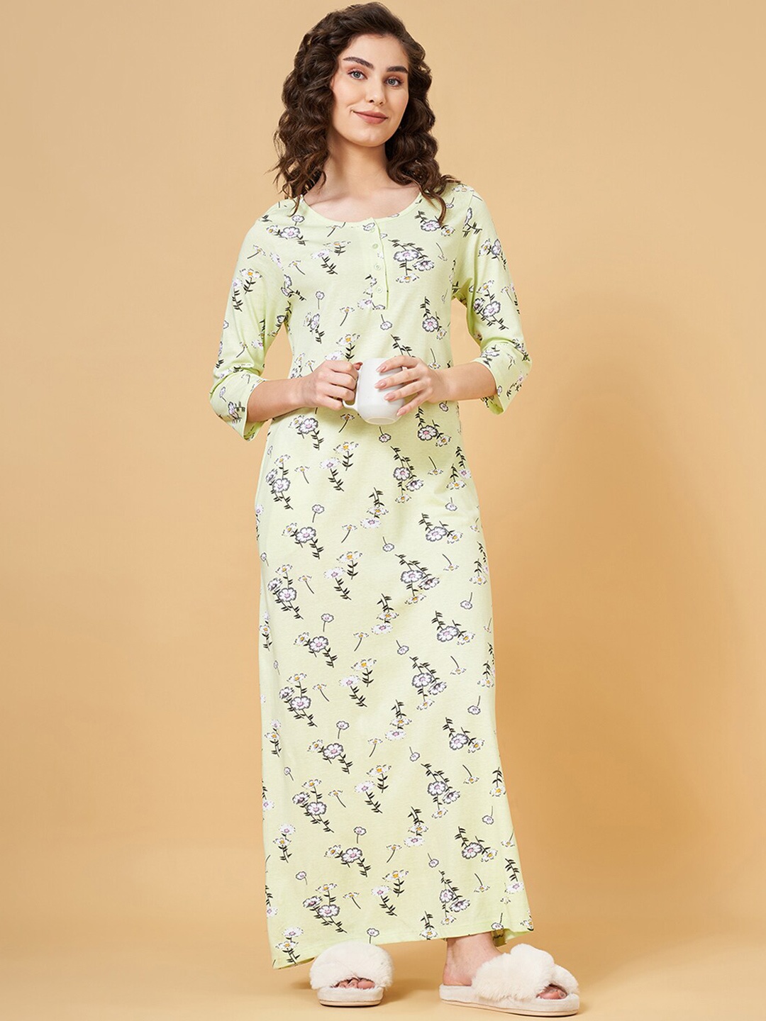 

YU by Pantaloons Floral Printed Pure Cotton Maxi Nightdress, Lime green