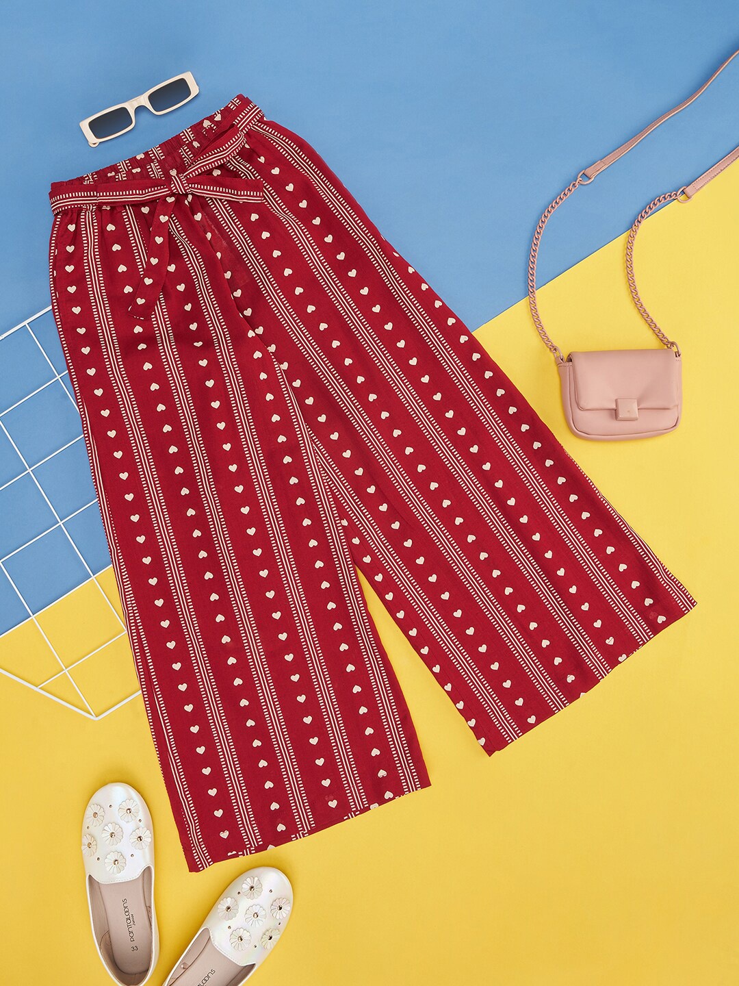 

AKKRITI BY PANTALOONS Girls Wide Leg Geometric Printed Palazzo With Belt, Maroon