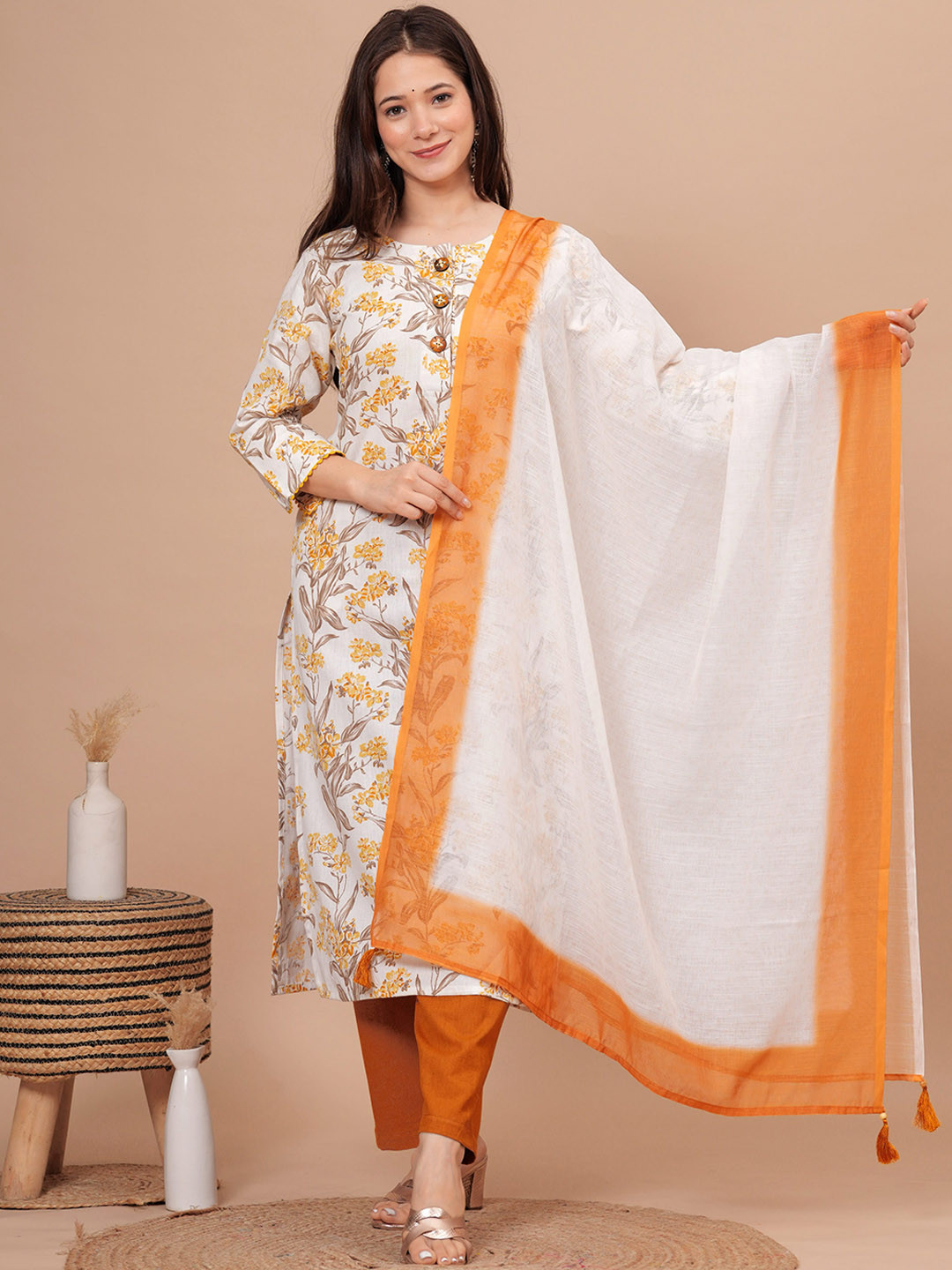 

MissKurti Floral Printed Regular Thread Work Pure Cotton Kurta with Palazzos & Dupatta, Yellow