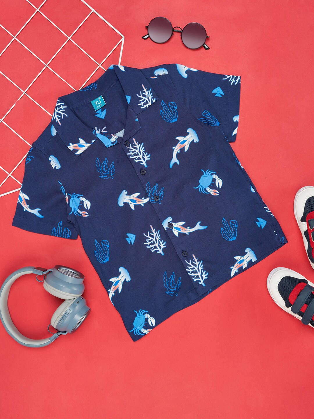

YU by Pantaloons Boys Graphic Printed Cuban Collar Casual Shirt, Navy blue