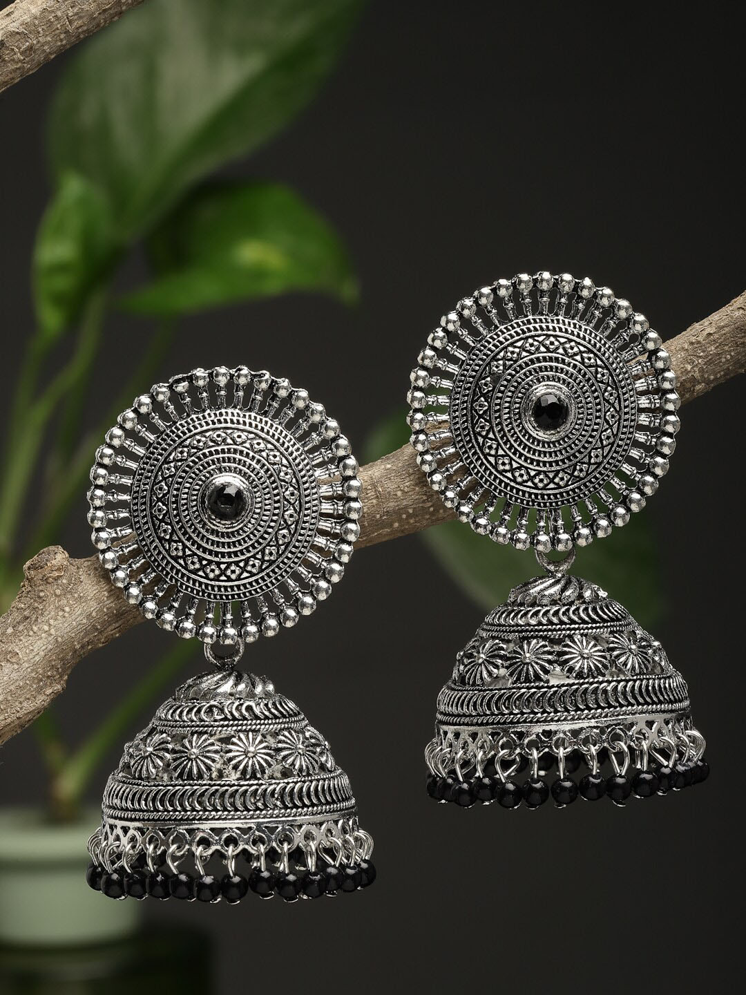 

CHUI MUI Silver-Plated Stone-Studded Oxidised Dome Shaped Jhumkas