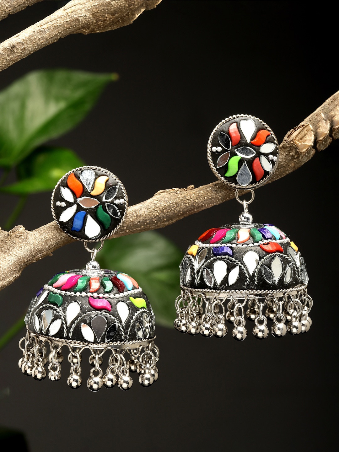 

CHUI MUI Silver-Plated Mirror-Studded Ghunghroo Oxidised Dome Shaped Jhumkas