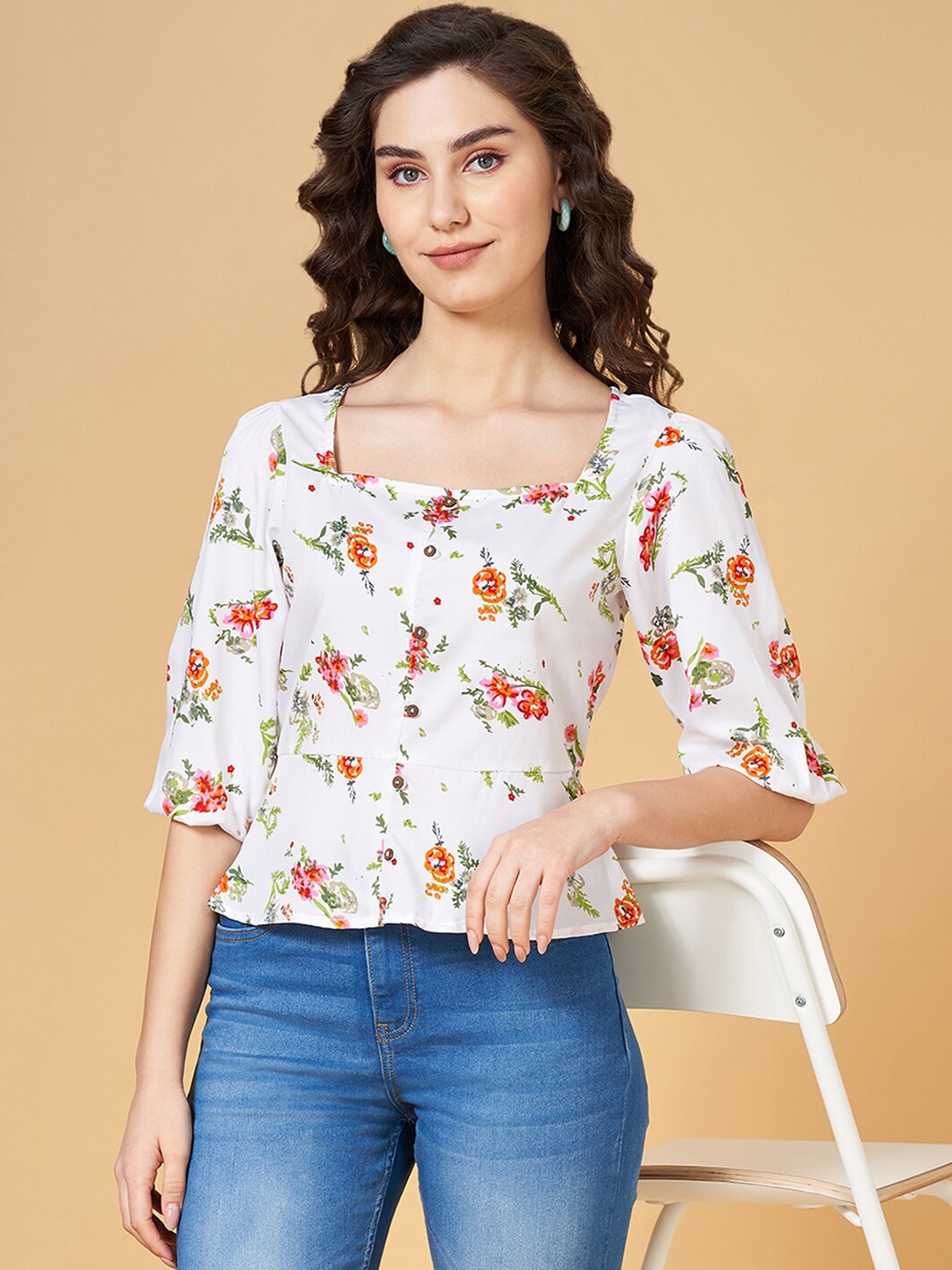 

YU by Pantaloons Floral Printed Square Neck Puffed Sleeves Top, White