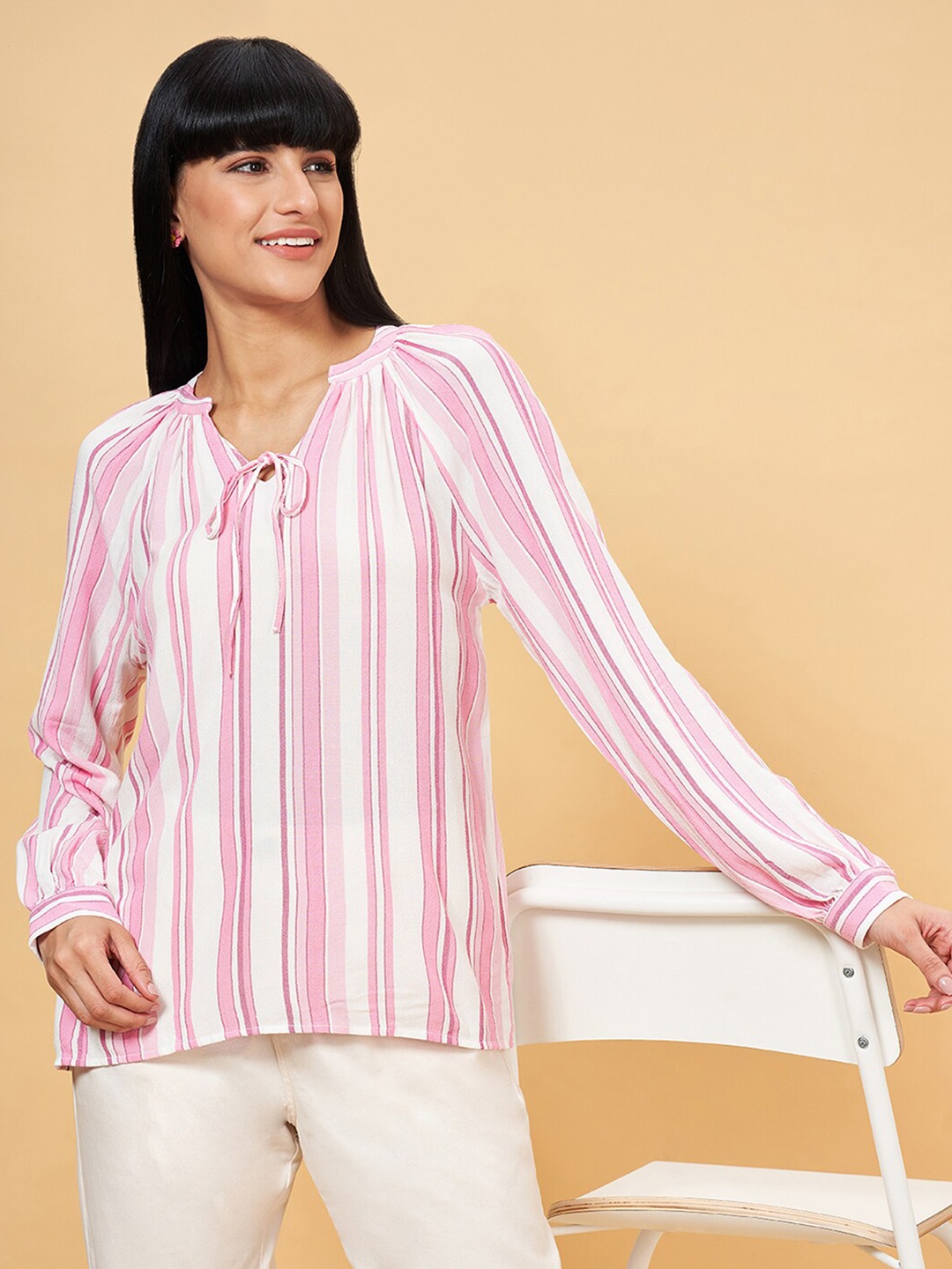 

Honey by Pantaloons Striped Mandarin Collar Top, Off white