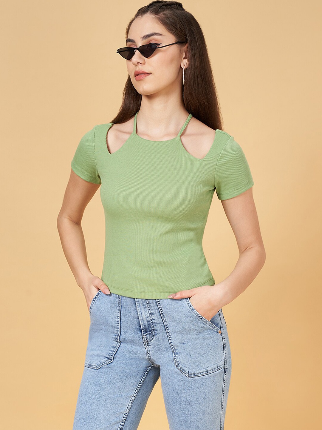 

SF JEANS by Pantaloons Ribbed Fitted Cotton Top, Olive