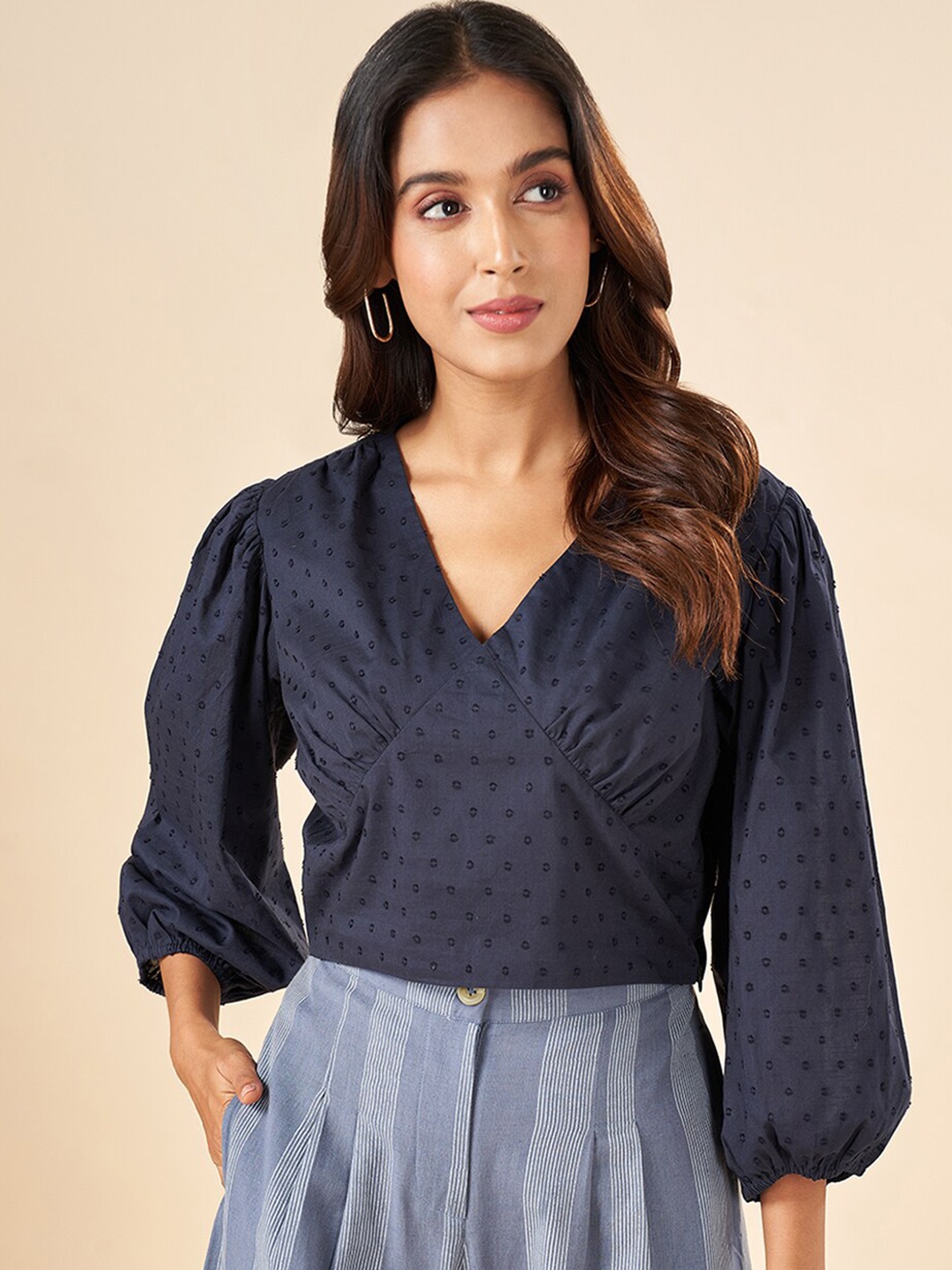 

AKKRITI BY PANTALOONS Self Design V-Neck Puff Sleeve Cotton Empire Top, Navy blue