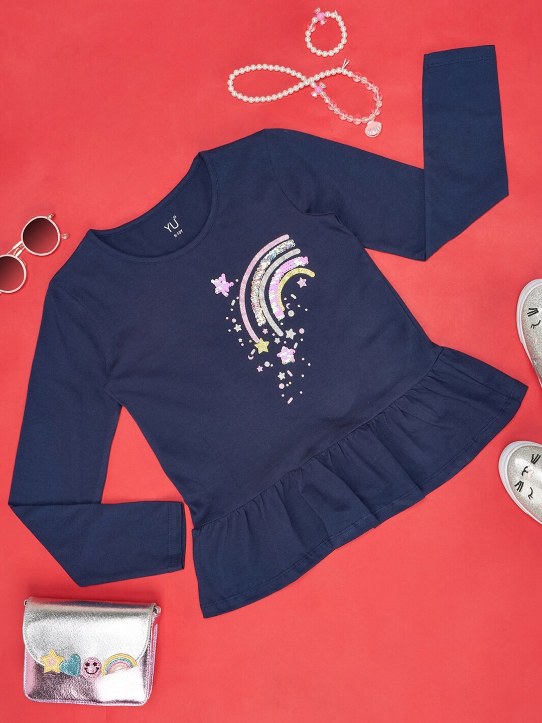 

YU by Pantaloons Girls Graphic Printed Embellished Cotton T-shirt, Navy blue