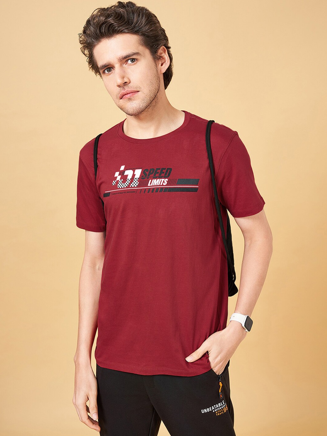

Ajile by Pantaloons Typography Printed Round Neck Short Sleeves Cotton Slim Fit T-shirt, Maroon