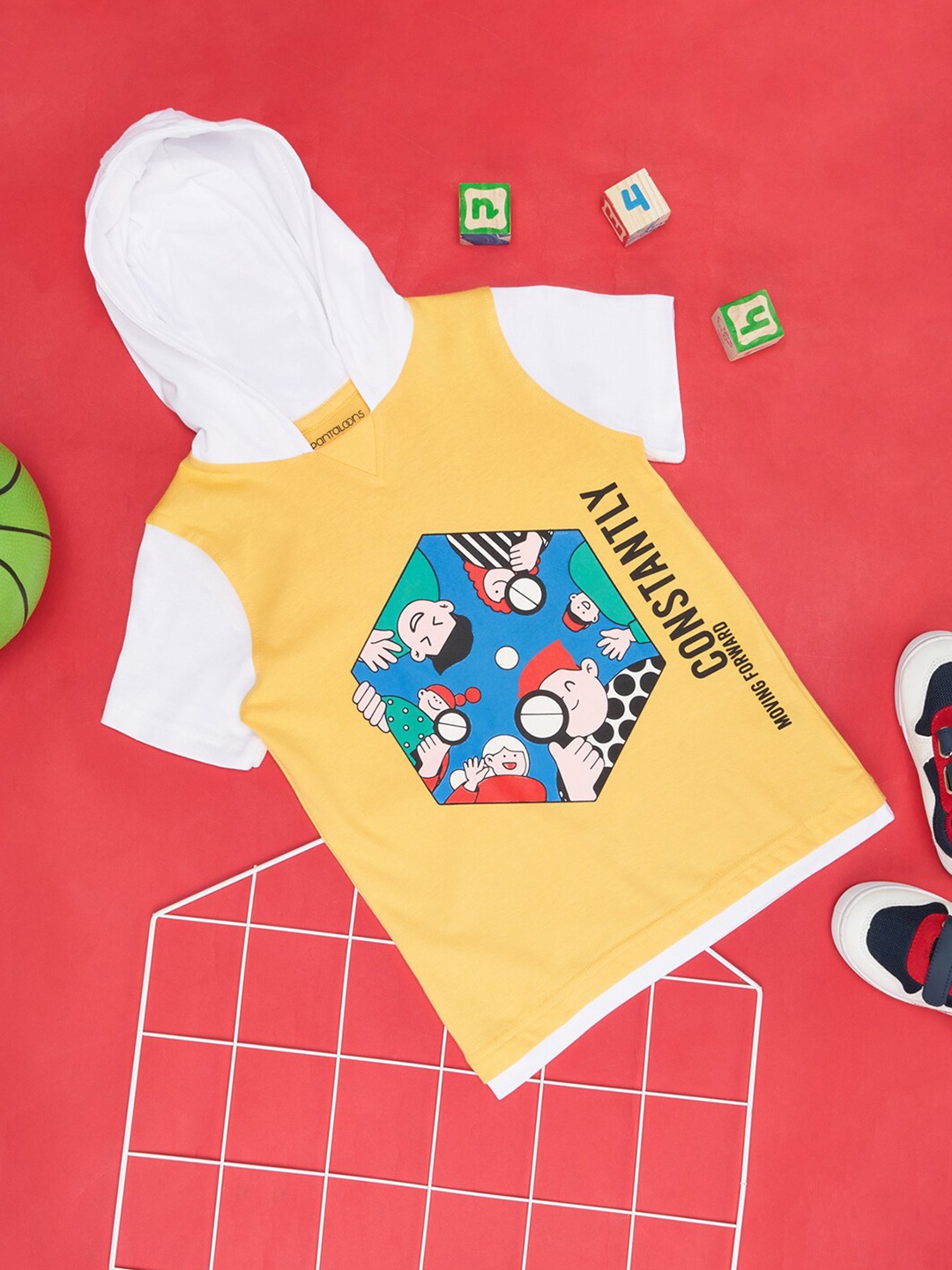 

Pantaloons Junior Boys Printed Hood Neck Short Sleeves Cotton T-shirt, Yellow