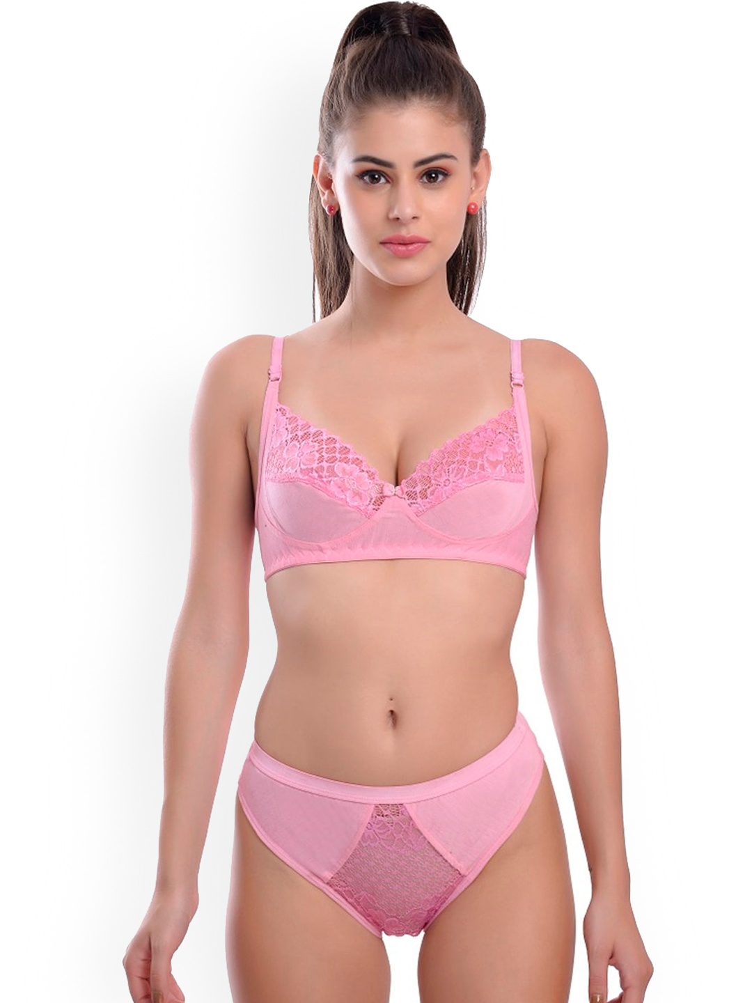 

new blue eyes Self-Design Lightly Padded Nylon Lingerie Set, Pink