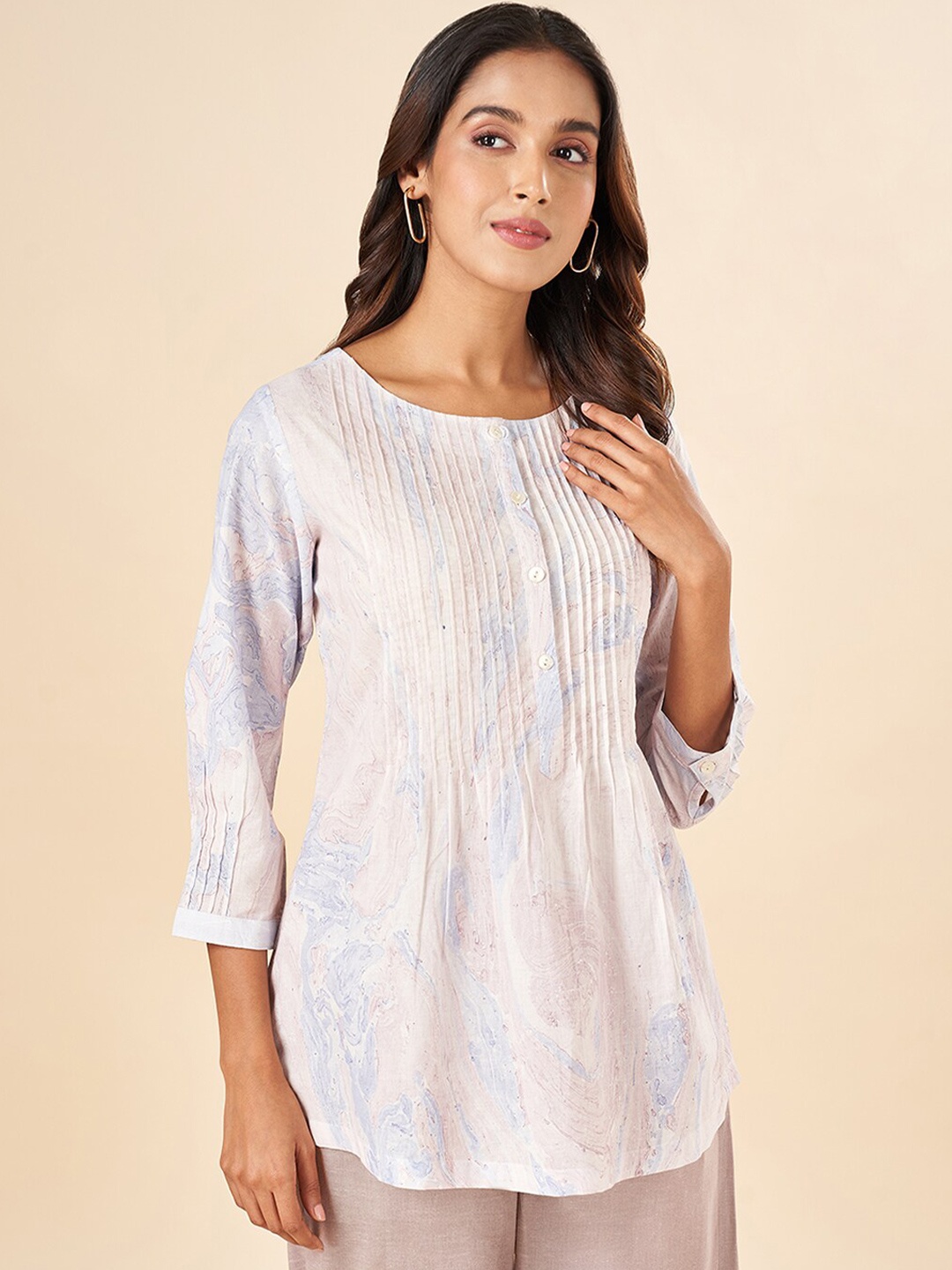 

AKKRITI BY PANTALOONS Printed Mandarin Collar Pure Cotton Tunic, Purple