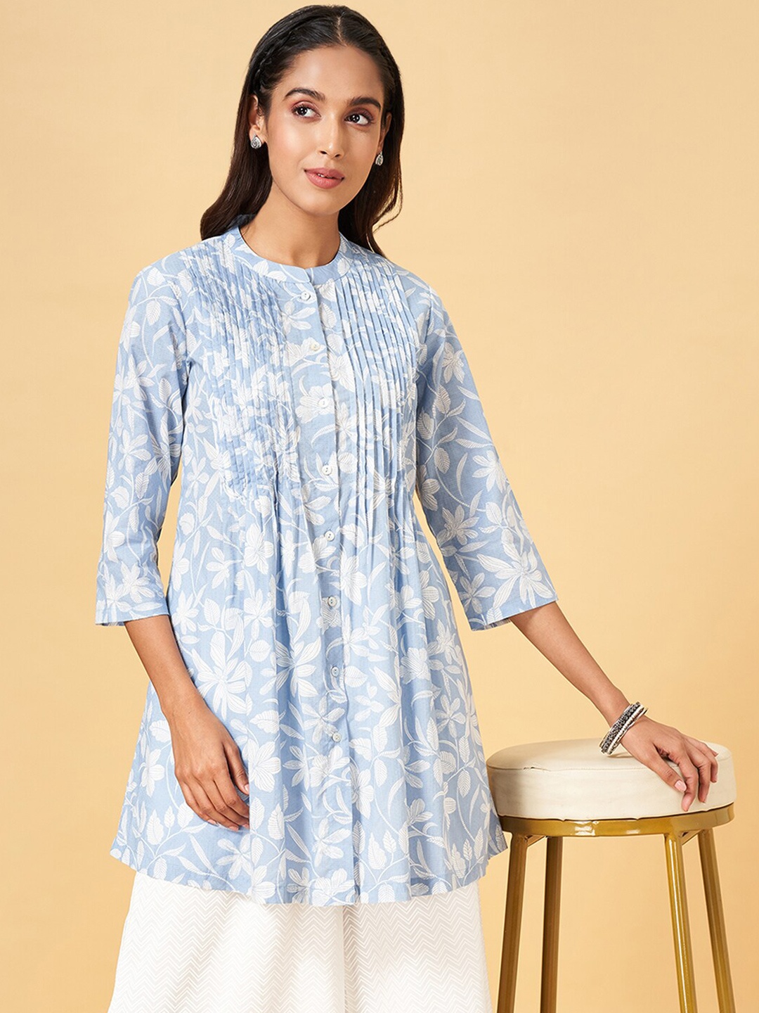 

RANGMANCH BY PANTALOONS Floral Printed Mandarin Collar Gathers Cotton Tunic, Blue