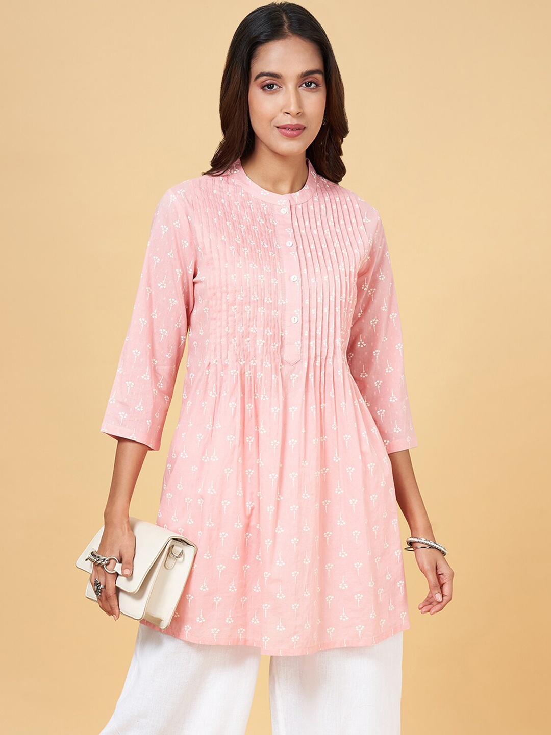 

RANGMANCH BY PANTALOONS Floral Printed Mandarin Collar Gathers Cotton Tunic, Pink