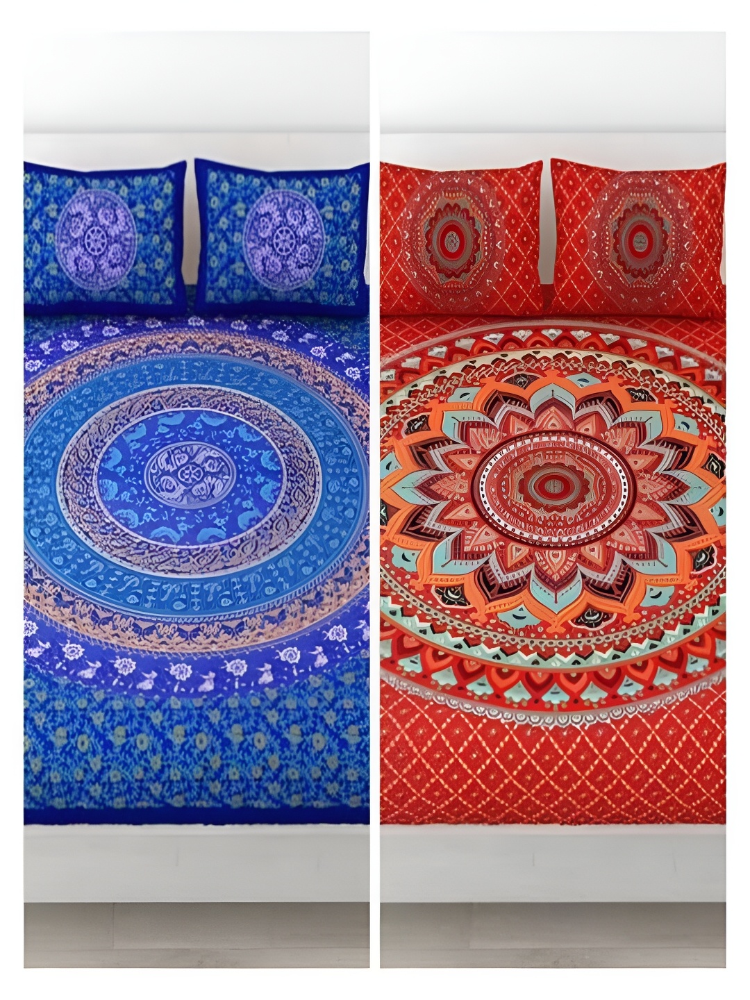 

Runjhun Blue & Red Ethnic Motifs 144 TC Cotton 2 Queen Bedsheet with 4 Pillow Covers