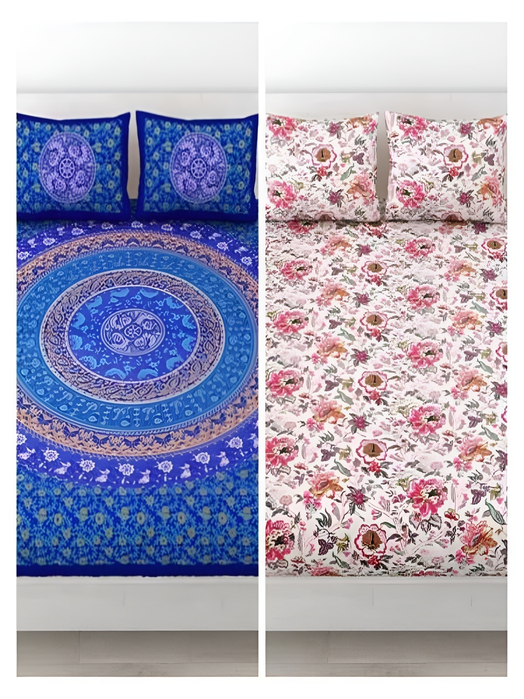 

Runjhun Blue & White Floral 144 TC Cotton 2 Queen Bedsheet with 4 Pillow Covers
