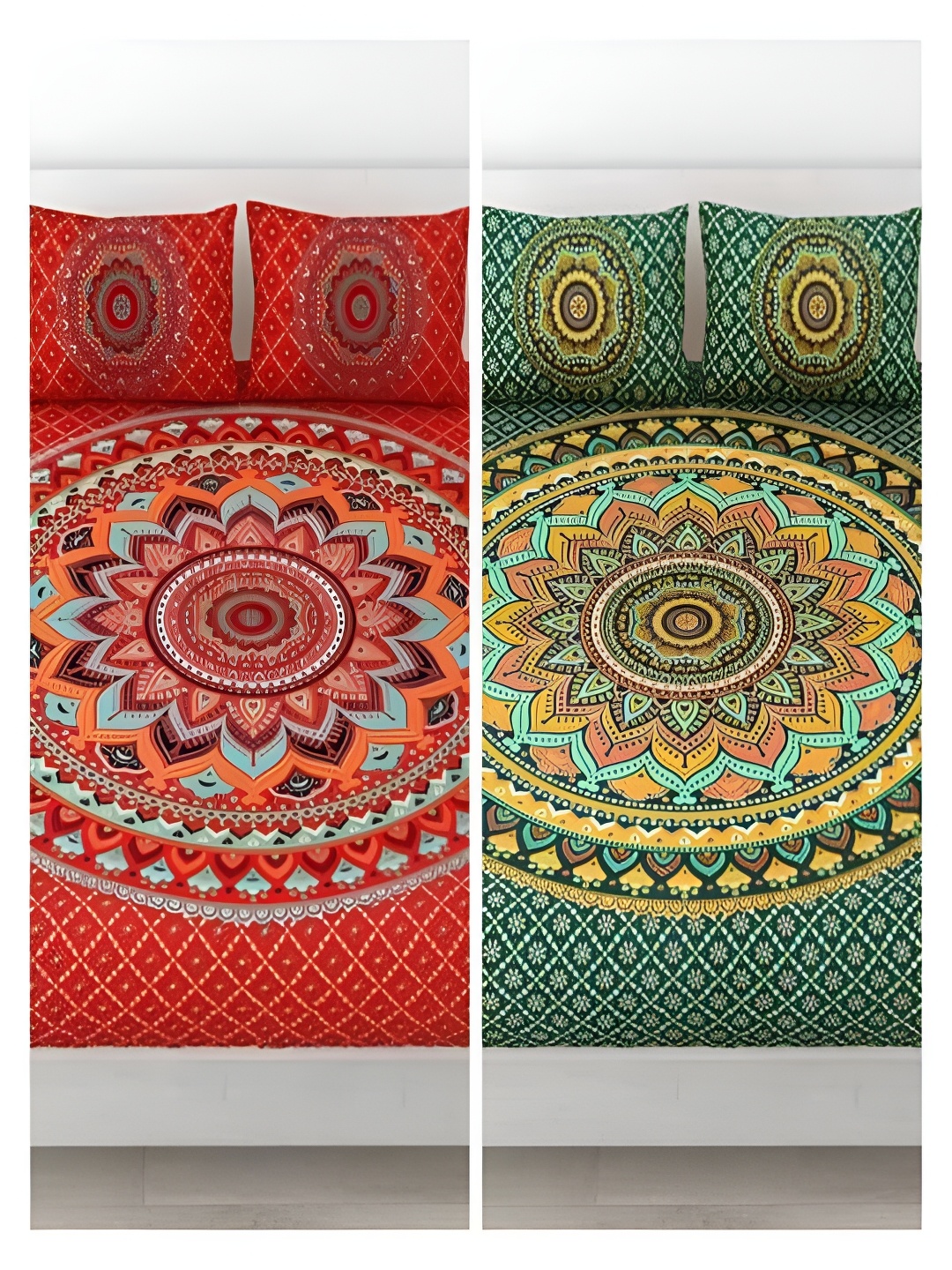 

Runjhun Green & Red Ethnic Motifs 144 TC Cotton 2 Queen Bedsheet with 4 Pillow Covers