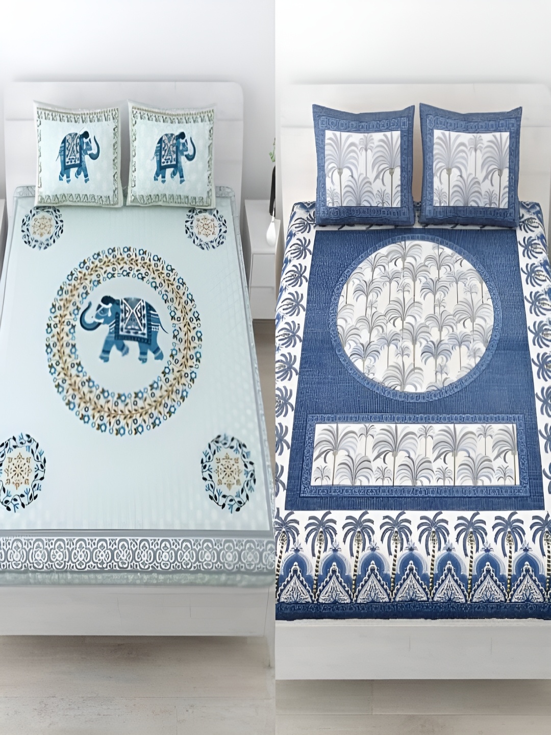 

Runjhun Blue & White Ethnic Motifs 144 TC Cotton 2 Queen Bedsheet with 4 Pillow Covers