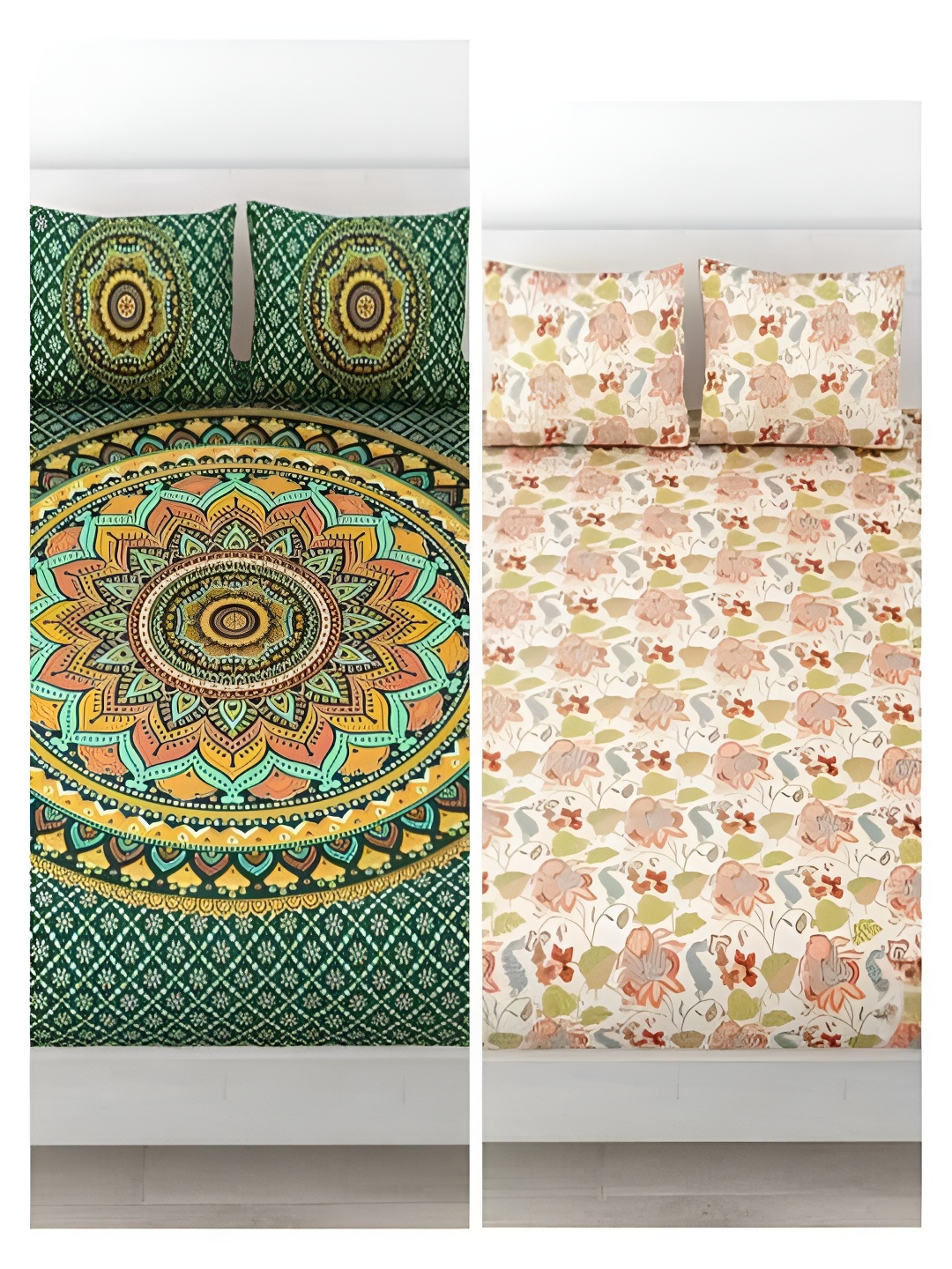 

Runjhun White & Green Floral 144 TC Cotton 2 Queen Bedsheet with 4 Pillow Covers