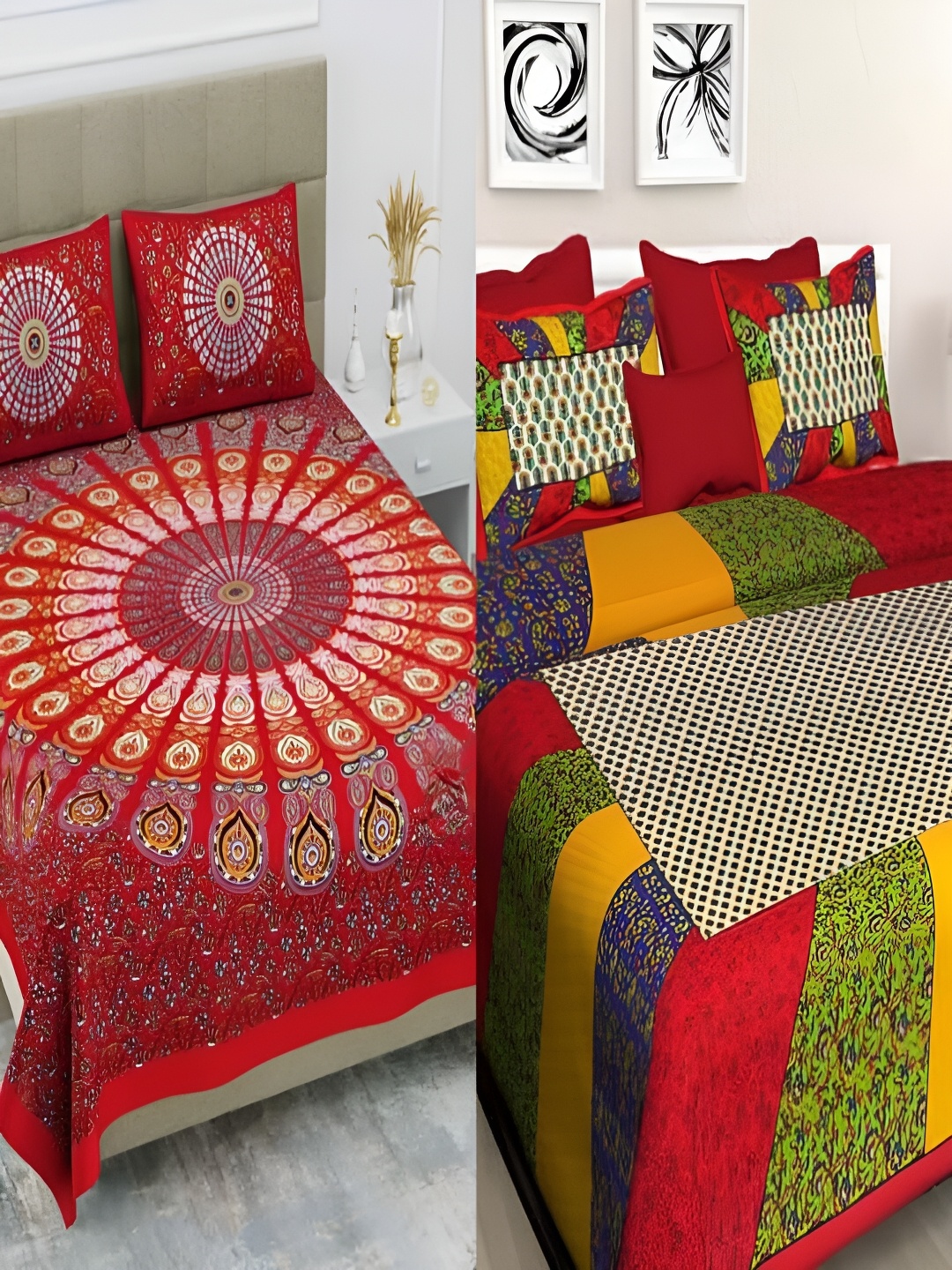 

Runjhun Red & Green Ethnic Motifs 144 TC Cotton 2 Queen Bedsheet with 4 Pillow Covers