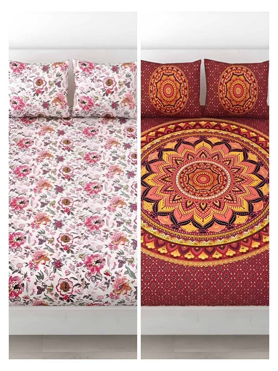 

Runjhun White & Maroon Floral 144 TC Cotton 2 Queen Bedsheet with 4 Pillow Covers