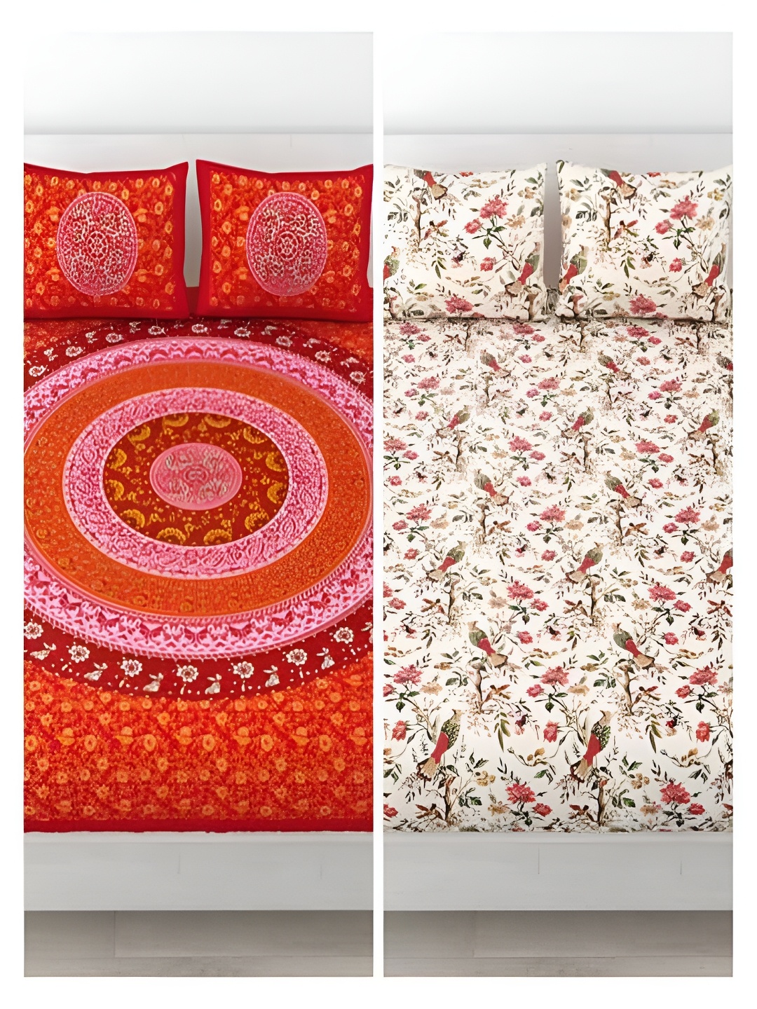 

Runjhun White & Red Ethnic Motifs 144 TC Cotton 2 Queen Bedsheet with 4 Pillow Covers