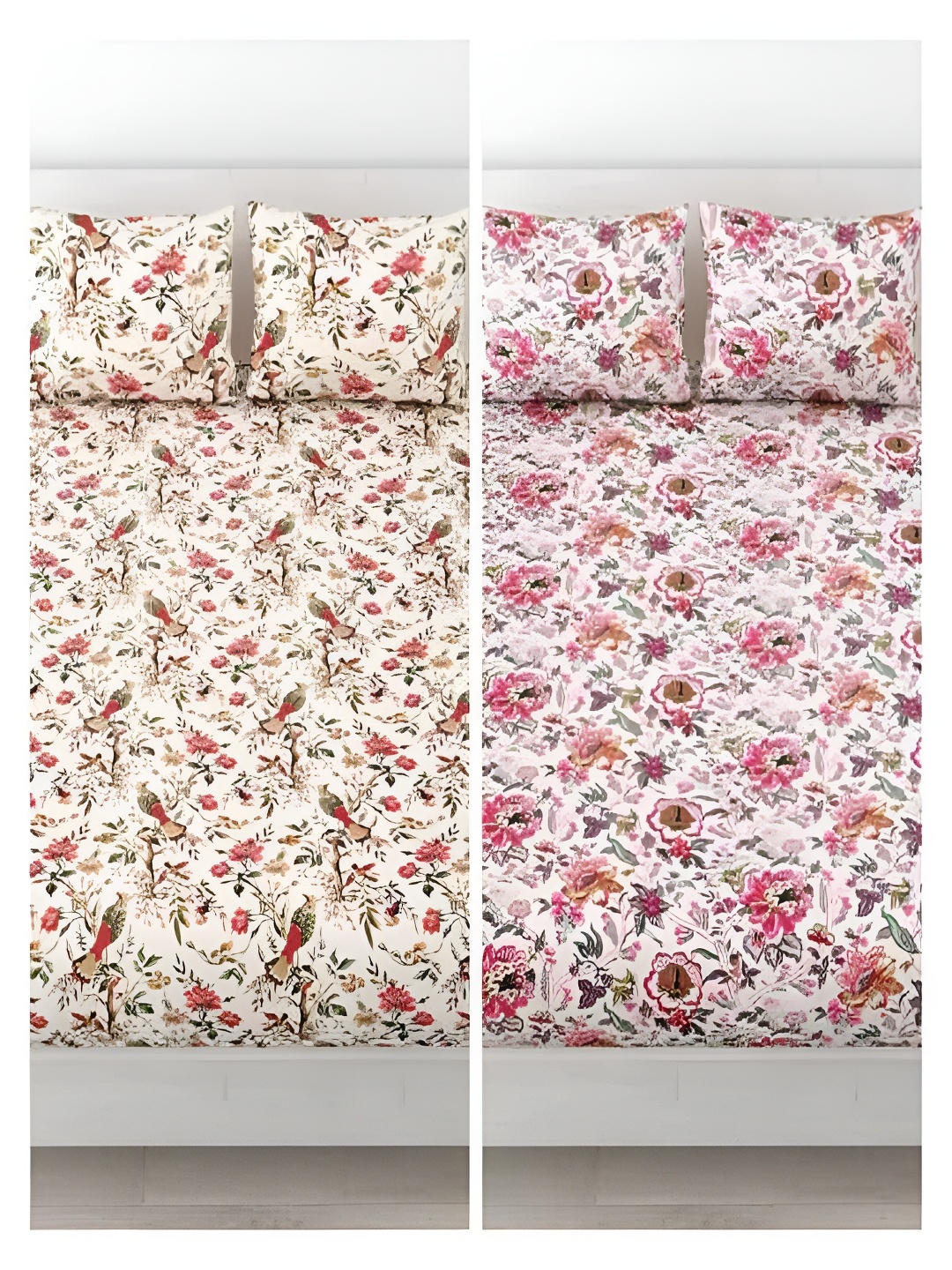 

Runjhun White & Pink Floral 144 TC Cotton 2 Queen Bedsheet with 4 Pillow Covers