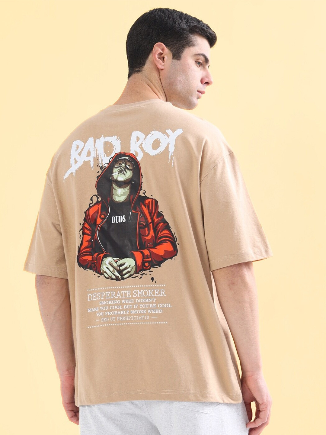 

WEARDUDS Graphic Printed Drop Shoulder Sleeves Pure Cotton Oversized T-shirt, Nude