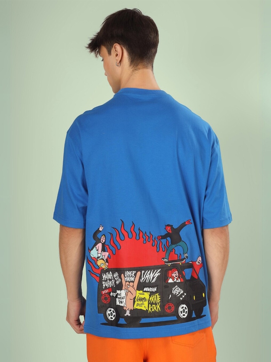

WEARDUDS Duds Van Printed Drop Shoulder Sleeves Pure Cotton Oversized T-shirt, Blue