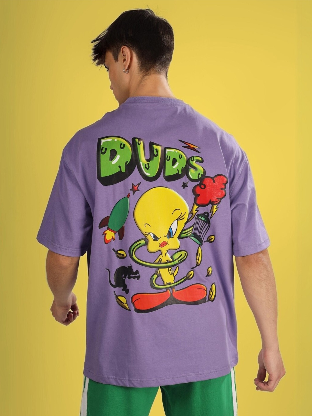 

WEARDUDS Escaped Tweety Printed Drop Shoulder Sleeves Pure Cotton Oversized T-shirt, Purple