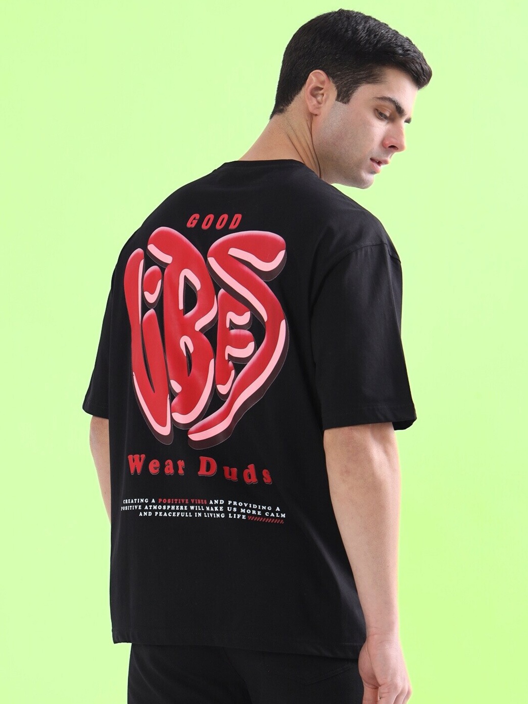 

WEARDUDS Typography Printed Drop Shoulder Sleeves Pure Cotton Oversized T-shirt, Black