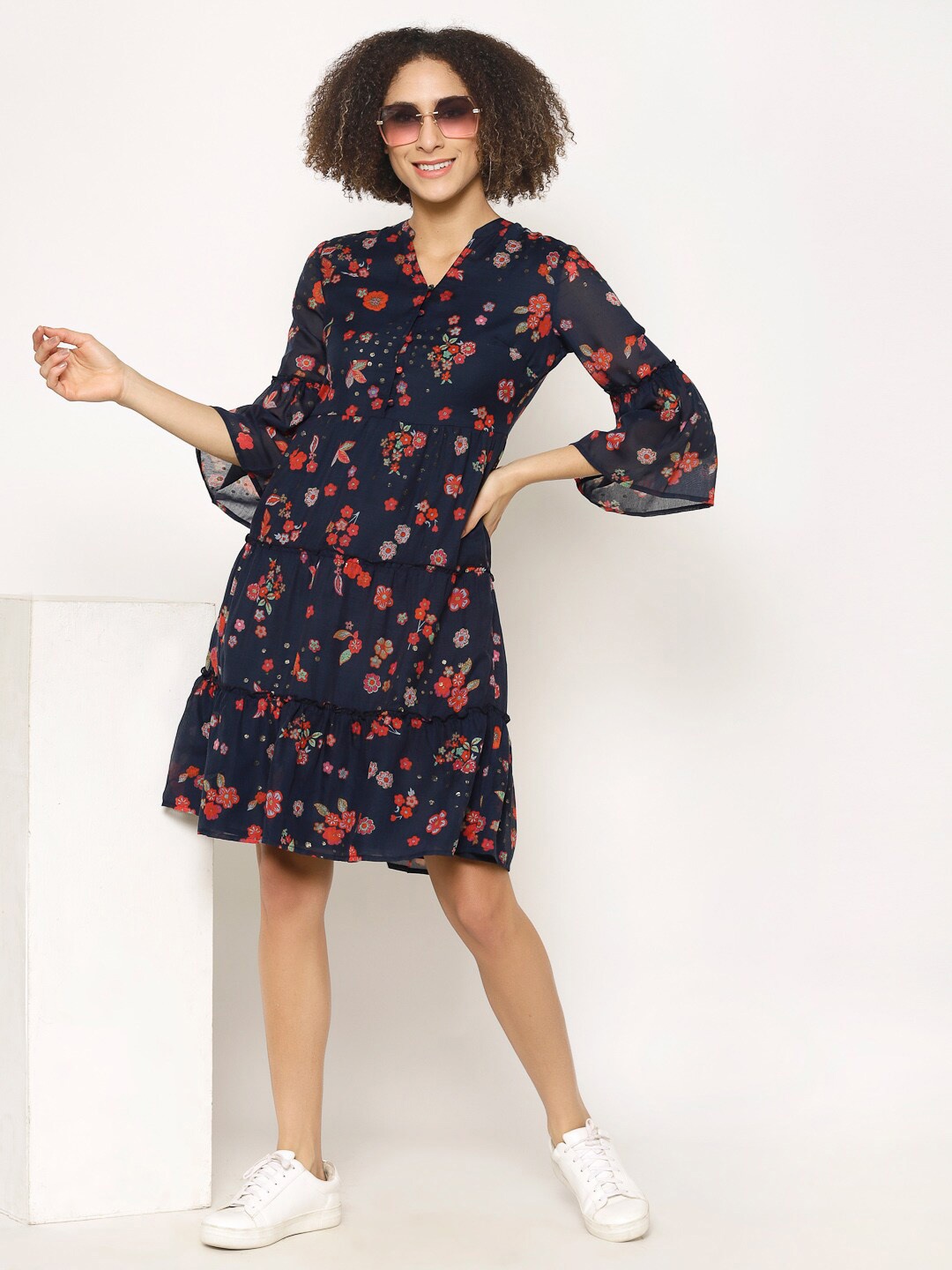 

HOUSE OF KKARMA Floral Print Bell Sleeve Cotton A-Line Dress, Navy blue
