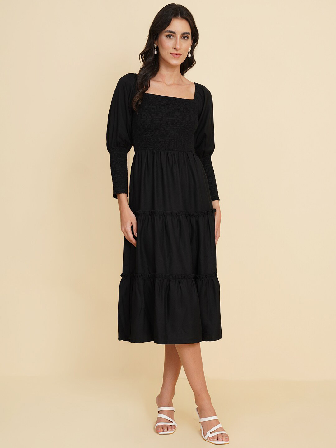 

HOUSE OF KKARMA Square Neck Cuffed Sleeves Tiered & Smocked Detail Fit & Flare Midi Dress, Black