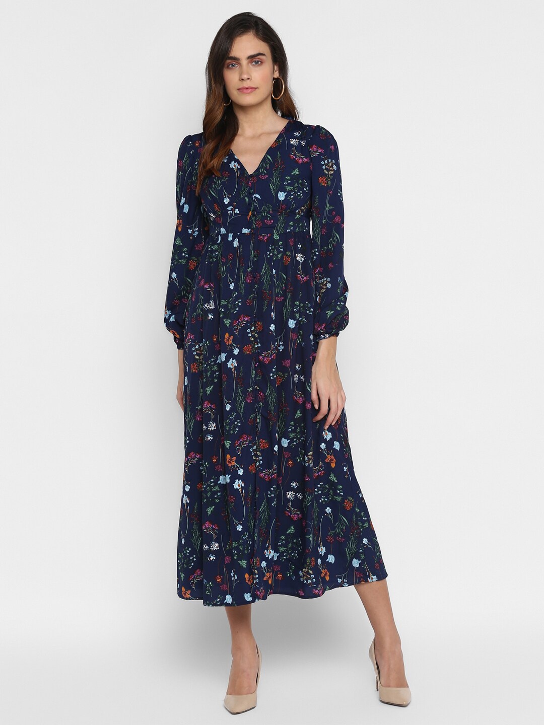

HOUSE OF KKARMA Floral Printed V-Neck Puff Sleeves Gathered Detail Fit & Flare Midi Dress, Blue