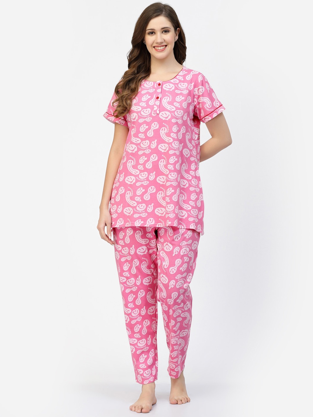 

SHYAM SONS FLAIR Graphic Printed Round Neck Night suit, Pink