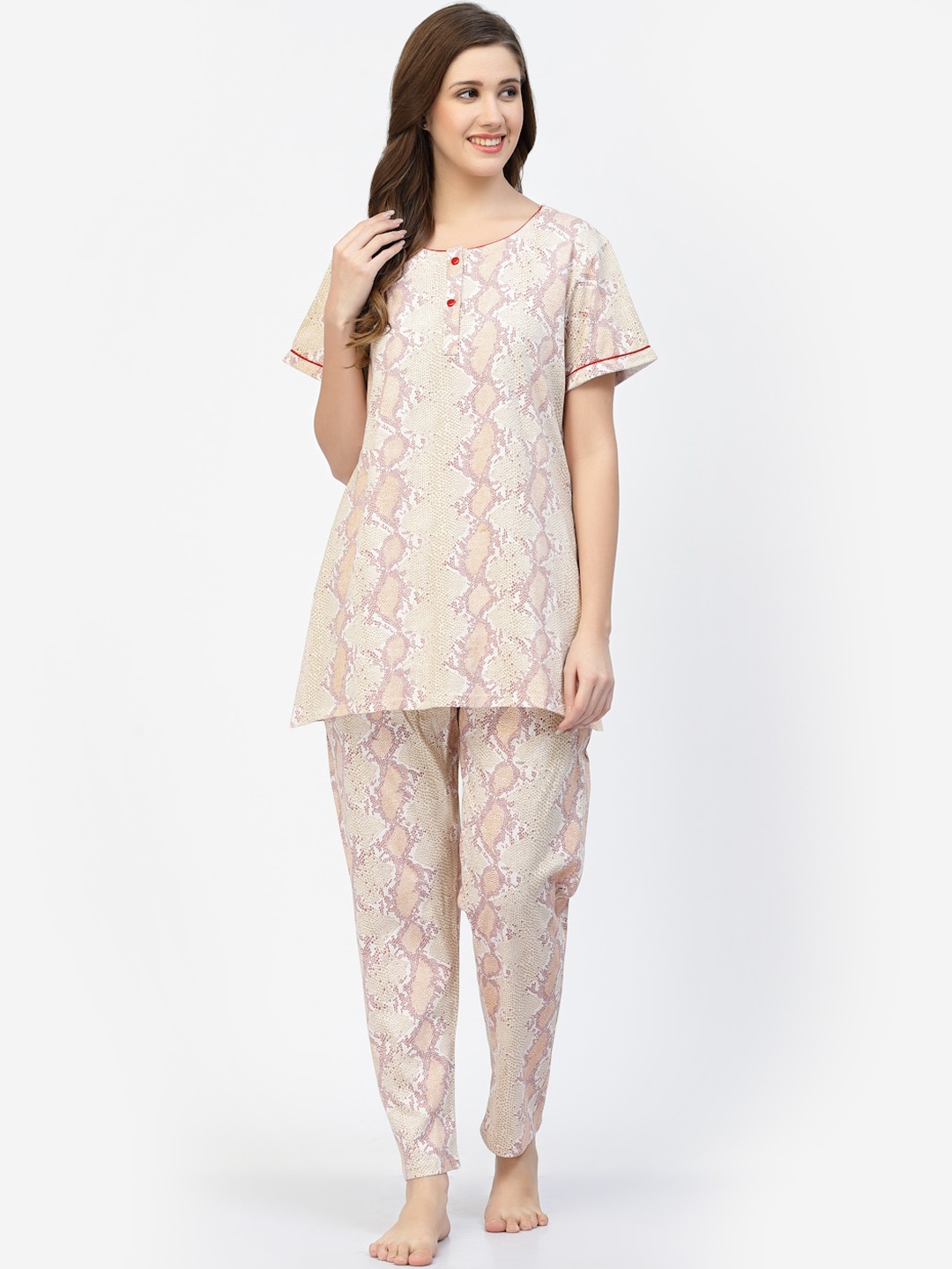 

SHYAM SONS FLAIR Animal Printed Round Neck Night suit, Beige