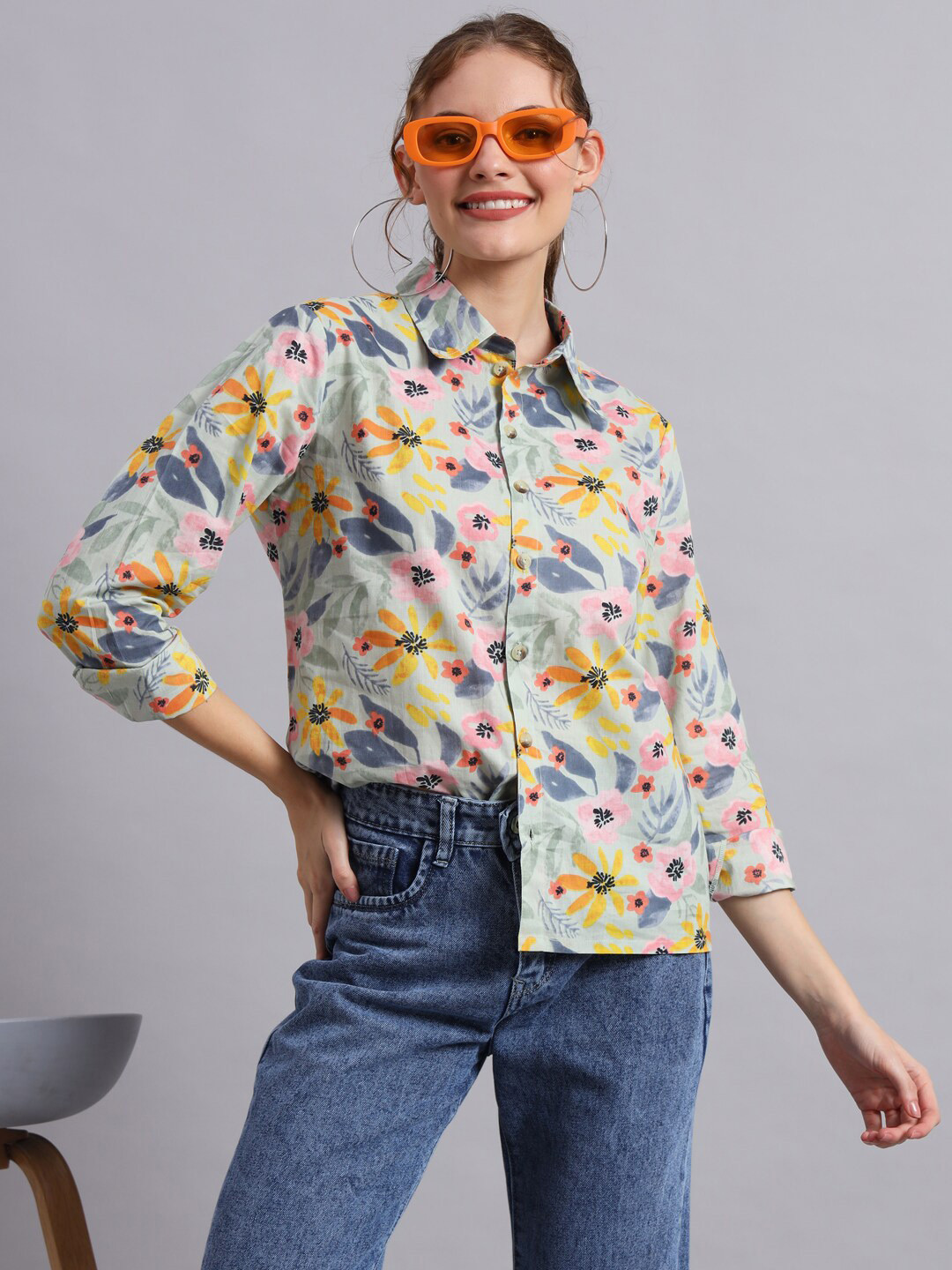 

DECKEDUP Printed Spread Collar Long Sleeves Cotton Casual Shirt, Blue