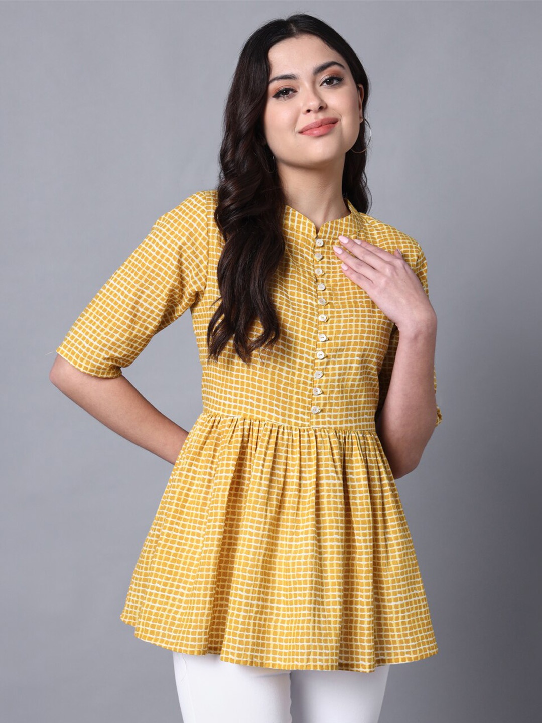 

DECKEDUP Checked Mandarin Collar Gathers Pure Cotton Tunic, Yellow