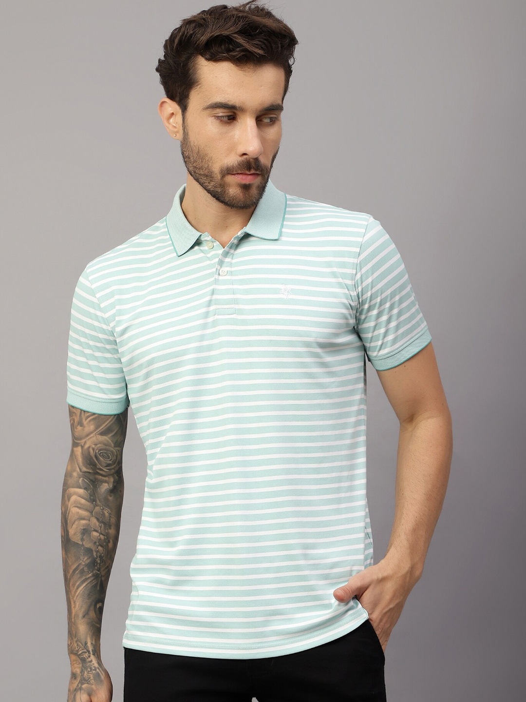 

Cantabil Striped Polo Collar Short Sleeves T-shirt, Green