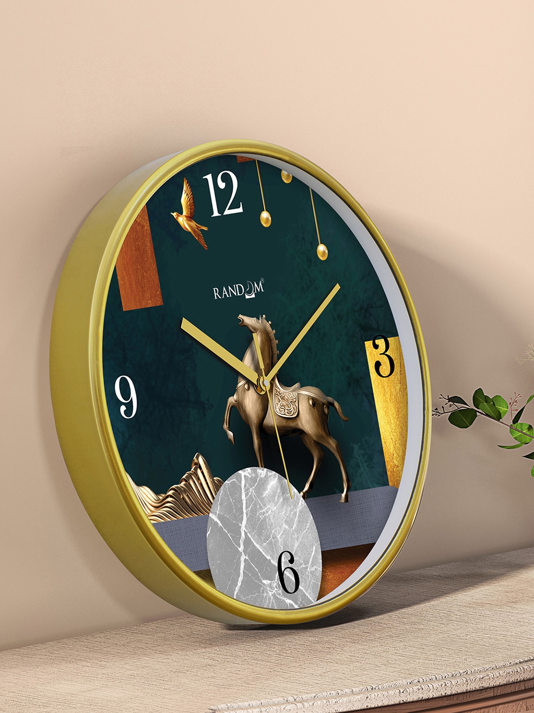 

RANDOM Gold Toned & Green Printed Contemporary Round Wall Clock