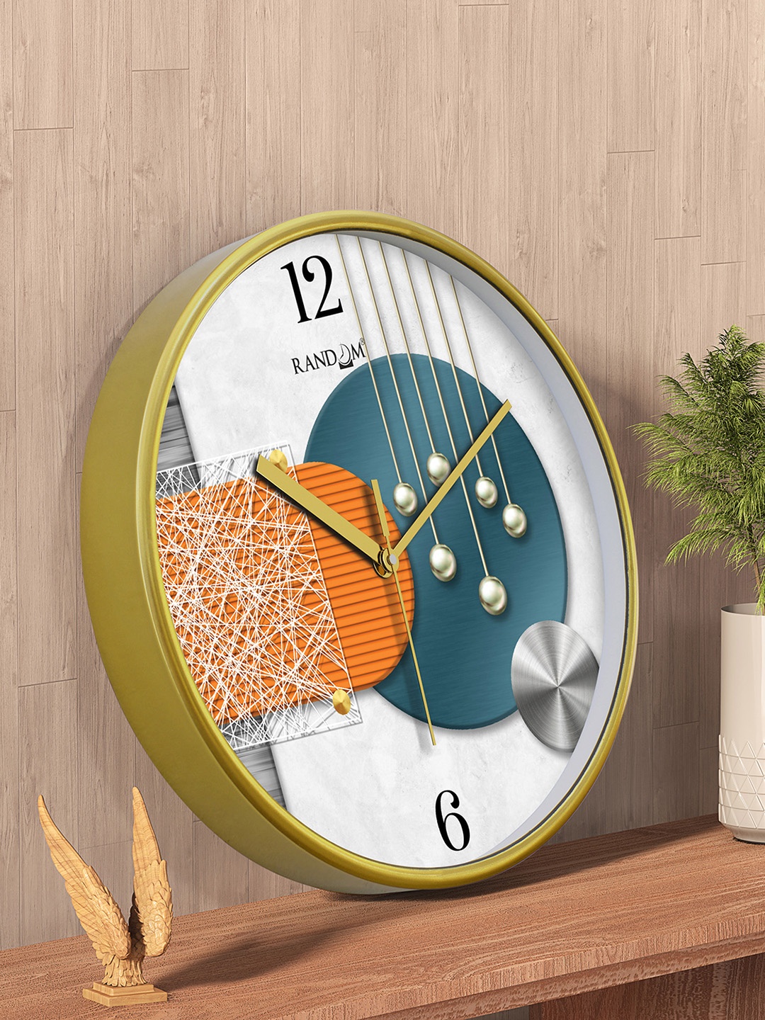 

RANDOM Gold Toned & Blue Printed Contemporary Round Wall Clock