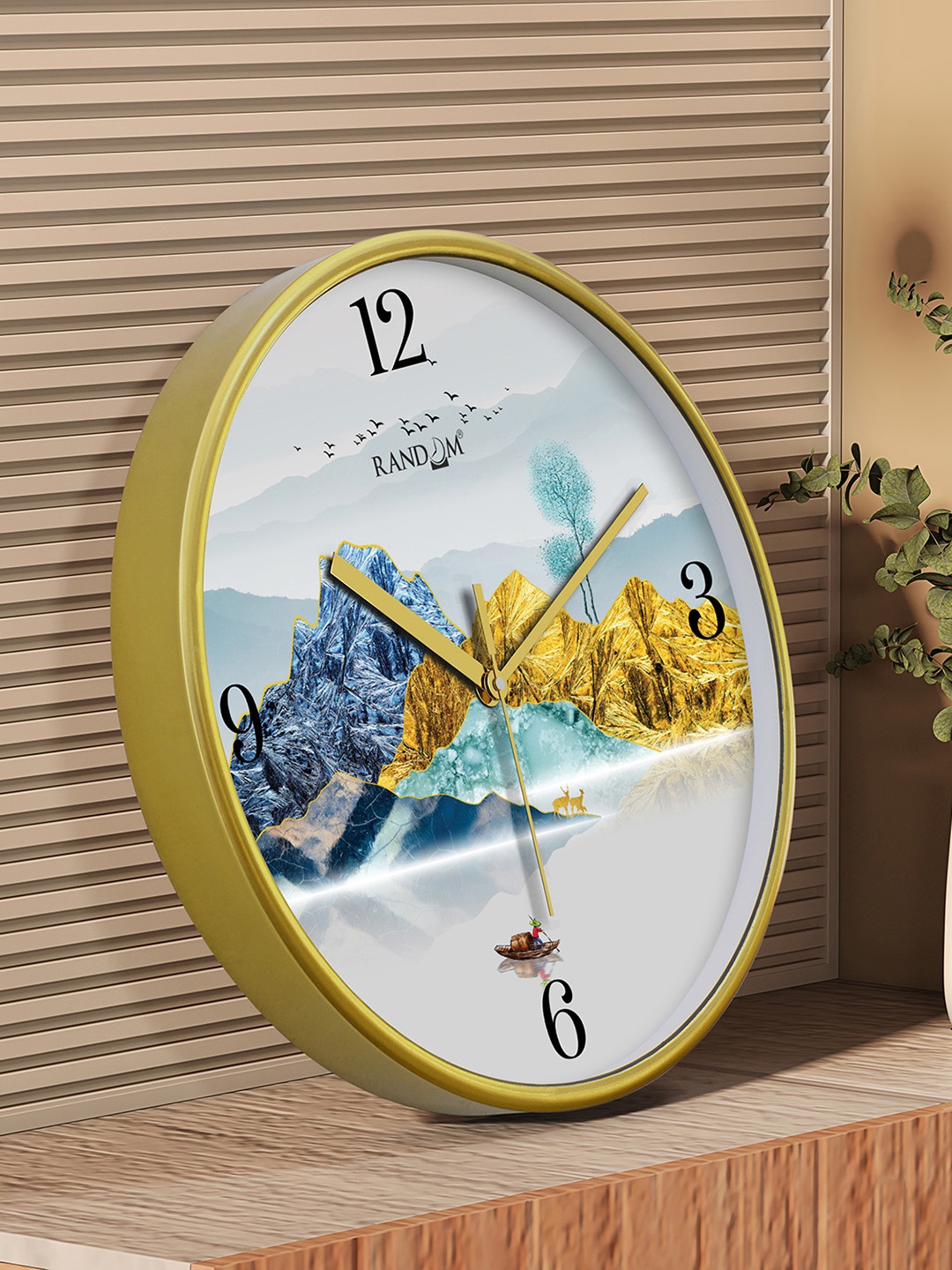 

RANDOM Gold Toned & Blue Printed Contemporary Round Wall Clock