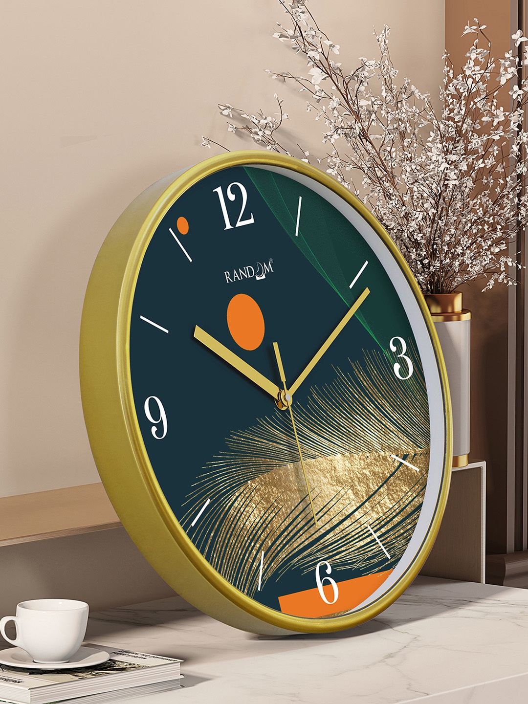 

RANDOM Gold Toned & Green Printed Contemporary Round Wall Clock