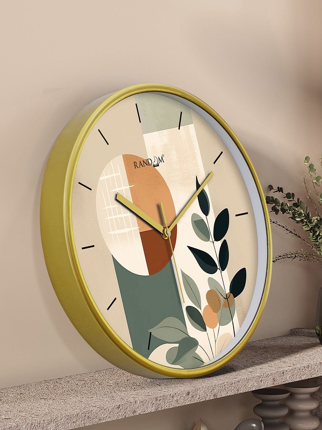

RANDOM Gold Toned & Green Printed Contemporary Round Wall Clock