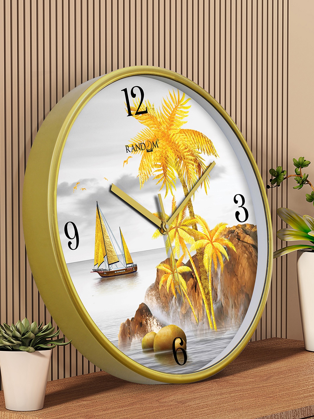 

RANDOM Gold Toned & White Printed Contemporary Round Wall Clock