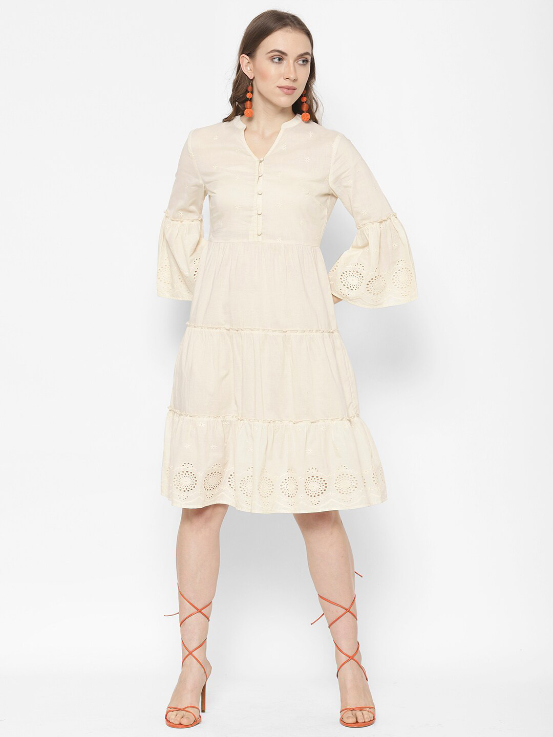 

HOUSE OF KKARMA Bell Sleeve Cotton Fit & Flare Dress, Cream