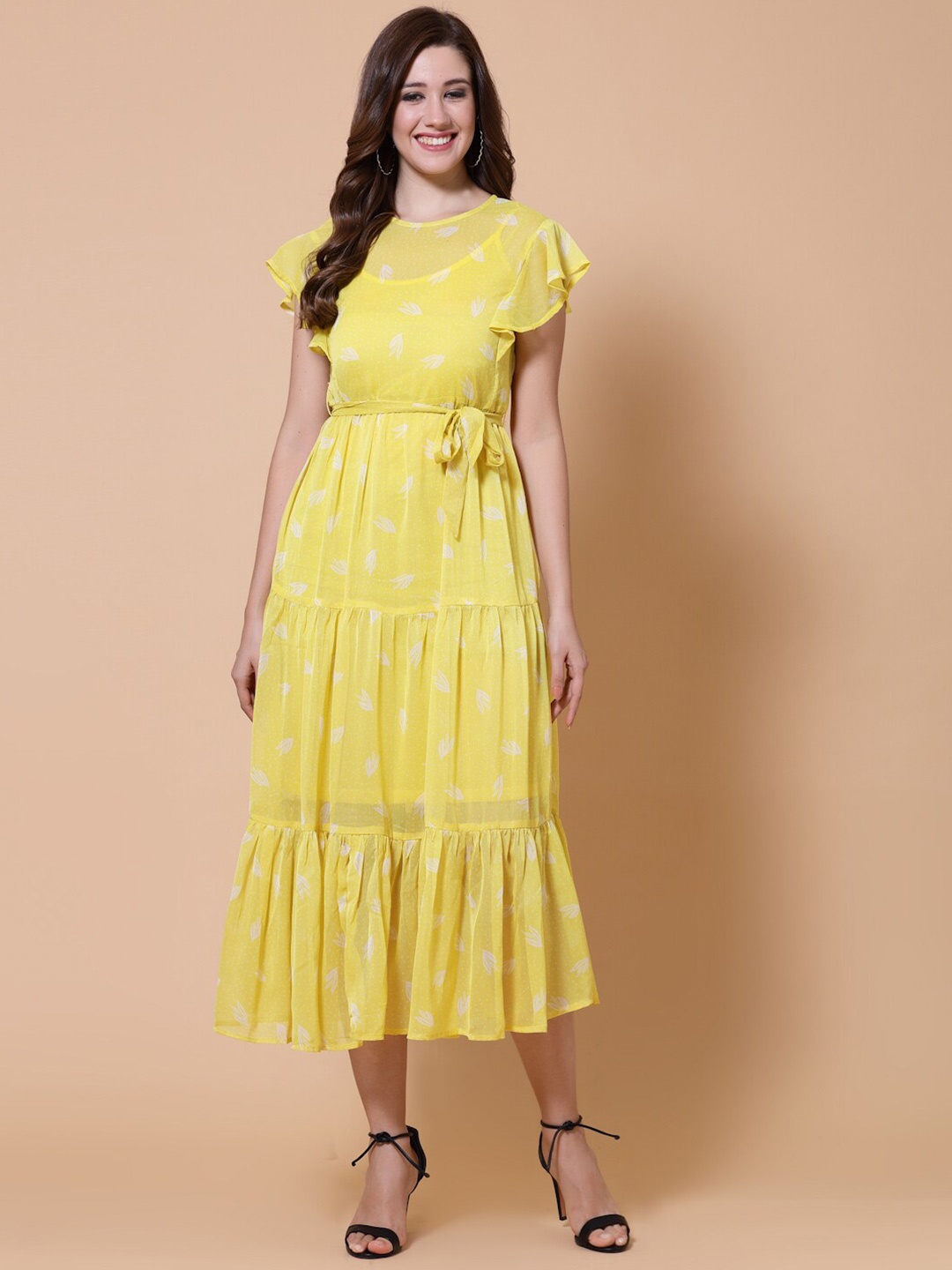 

HOUSE OF KKARMA Floral Print Crepe Fit & Flare Midi Dress, Yellow