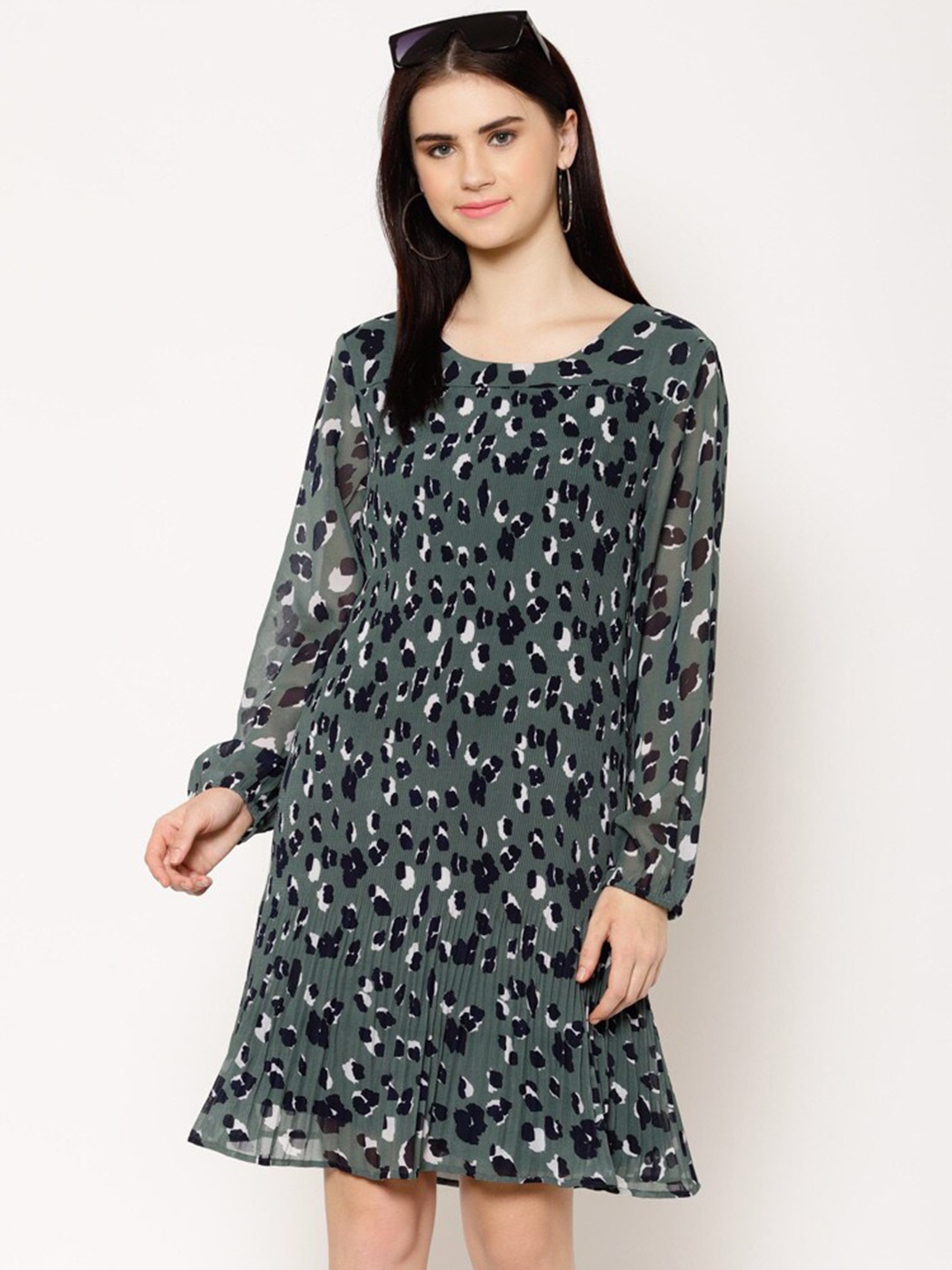 

HOUSE OF KKARMA Floral Printed Puff Sleeves Pleated Detail Fit & Flare Mini Dress, Green